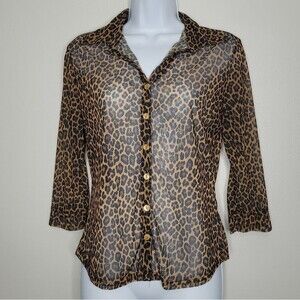 Vintage y2k Studio Y animal print cheetah button front semi sheer 3/4 sleeve top